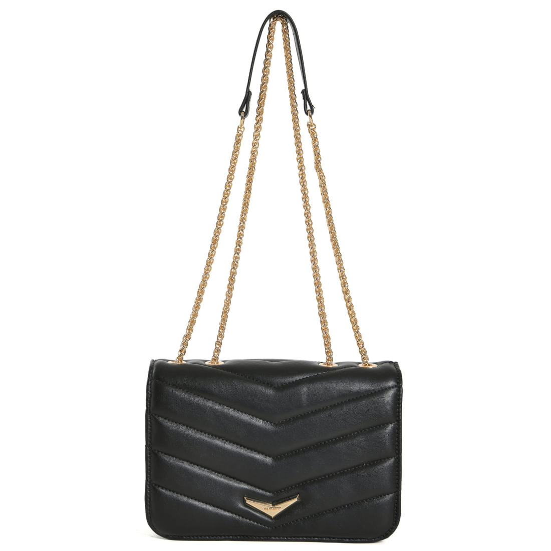 Bolsa crossbody feminina Via Marte preta com acabamento metalassê em padrão geométrico e alça em corrente dourada com detalhe em couro sintético